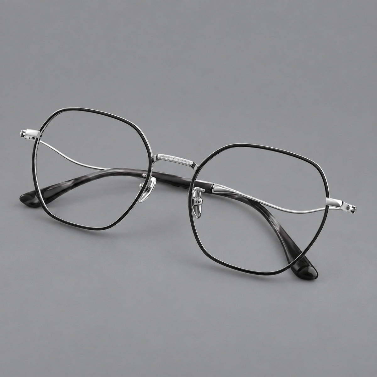 Geometric titanium glasses with engraved rim edges and curved temple joins — Black and Silver — Main view [CINILY-JD2026-88042-C2]