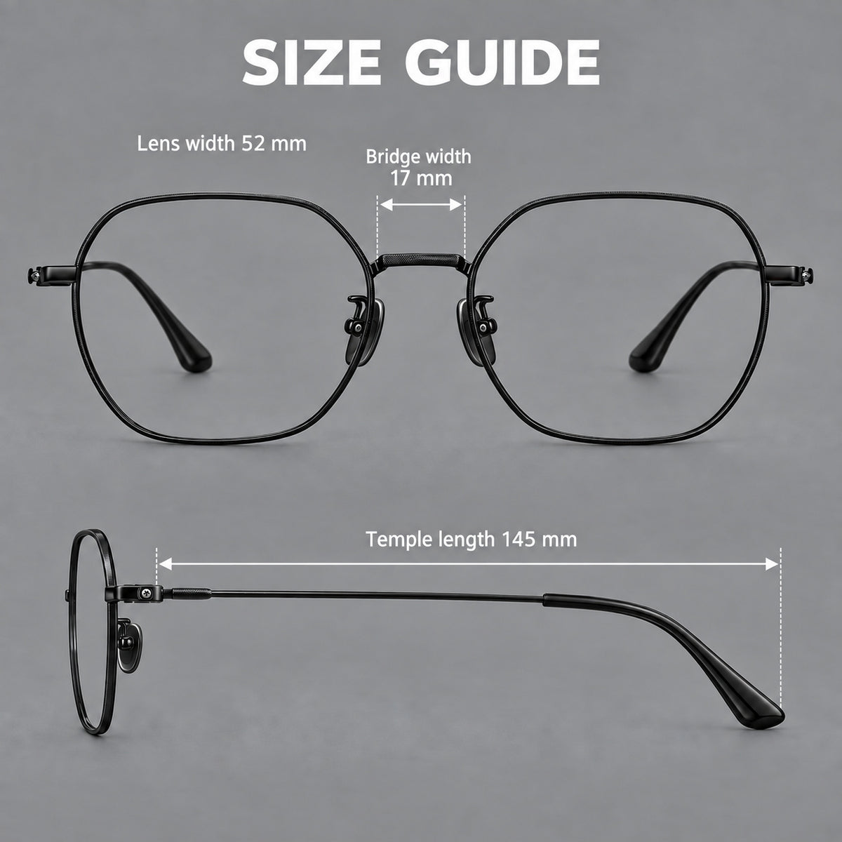 Geometric titanium glasses with engraved rim edges and curved temple joins — 88042 — Size guide [JD2026-88042]