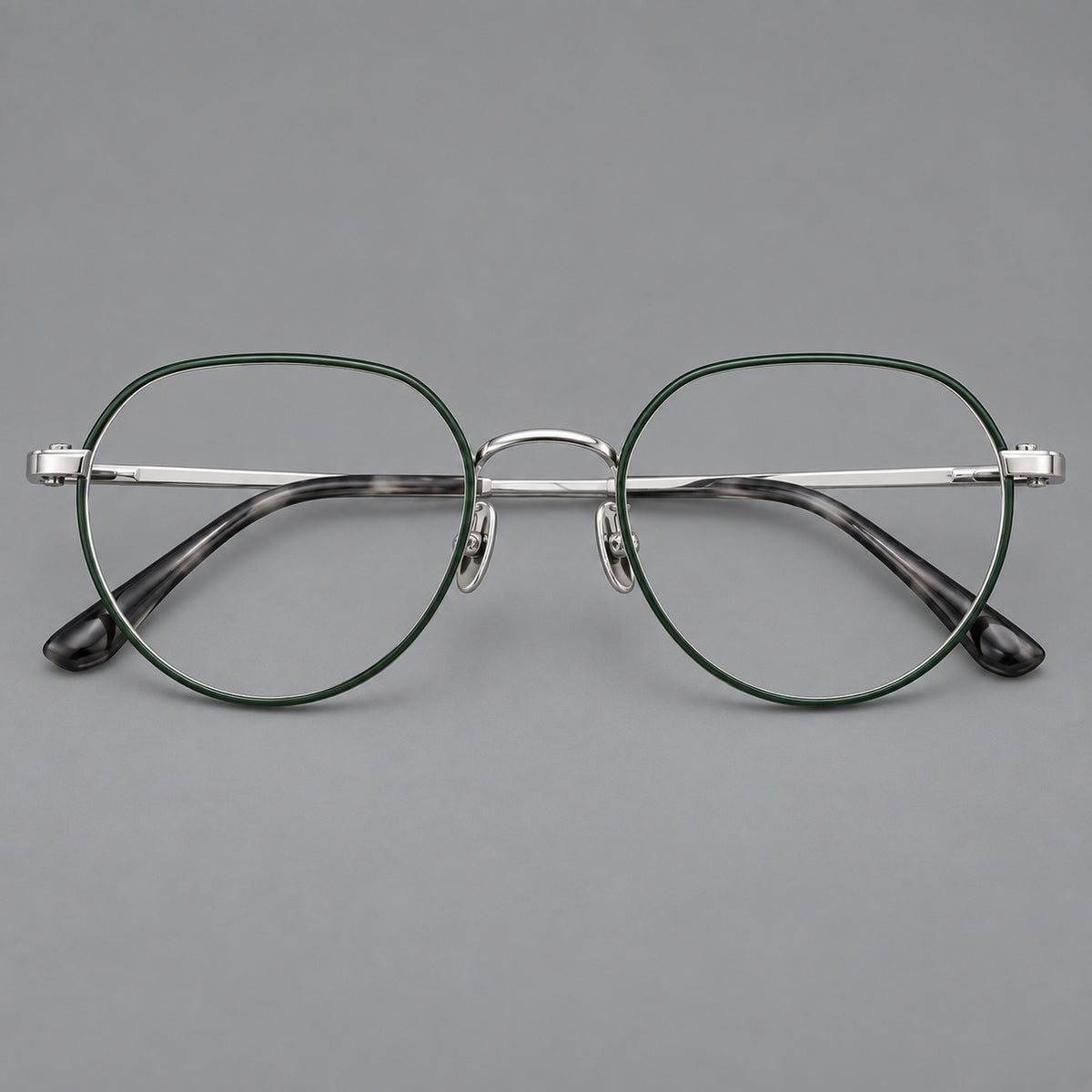 Classic panto titanium glasses with a curved bridge and slim straight temples — Dark Green and Silver — Front view [CINILY-JD2026-88043-C2]