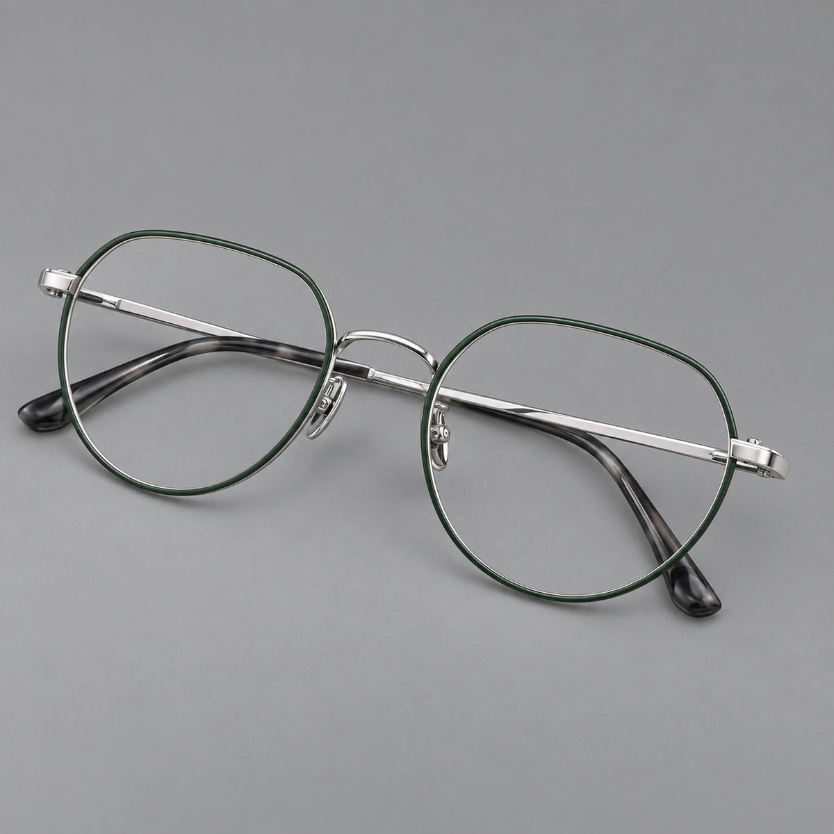 Classic panto titanium glasses with a curved bridge and slim straight temples — Dark Green and Silver — Main view [CINILY-JD2026-88043-C2]