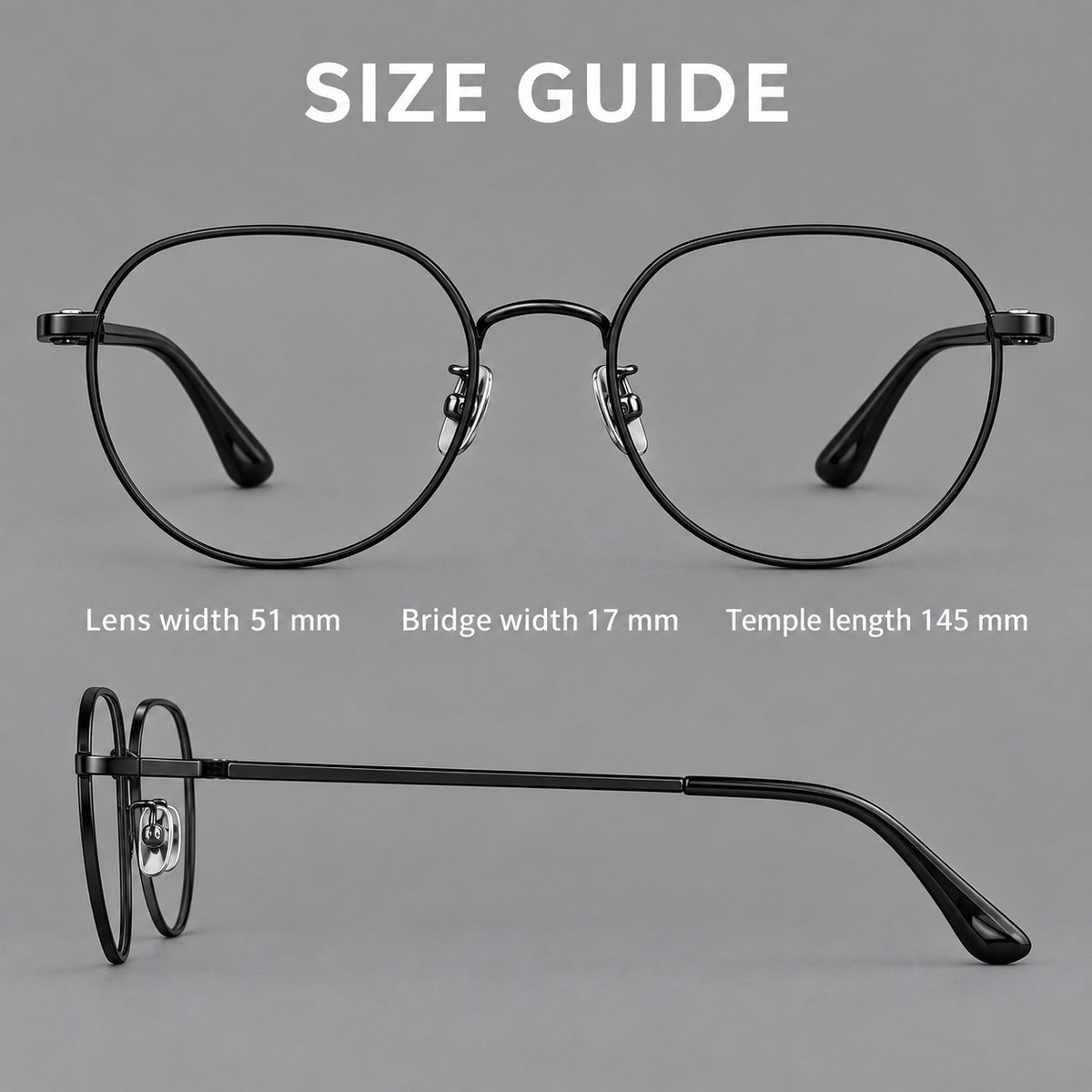 Classic panto titanium glasses with a curved bridge and slim straight temples — 88043 — Size guide [JD2026-88043]