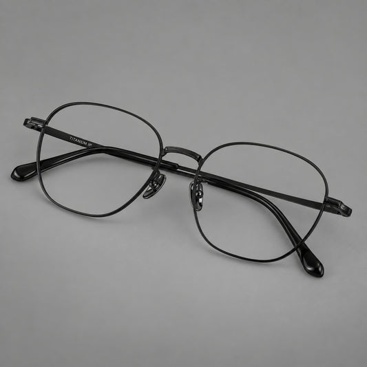 Retro panto titanium glasses with stepped corners and finely engraved temples — Black — Main view [CINILY-JD2026-88045-C1]