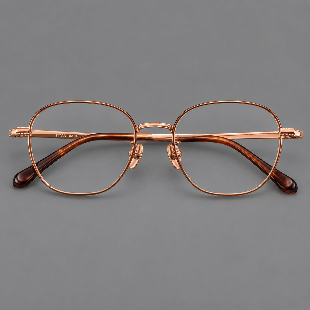 Retro panto titanium glasses with stepped corners and finely engraved temples — Brown and Rose Gold — Front view [CINILY-JD2026-88045-C2]