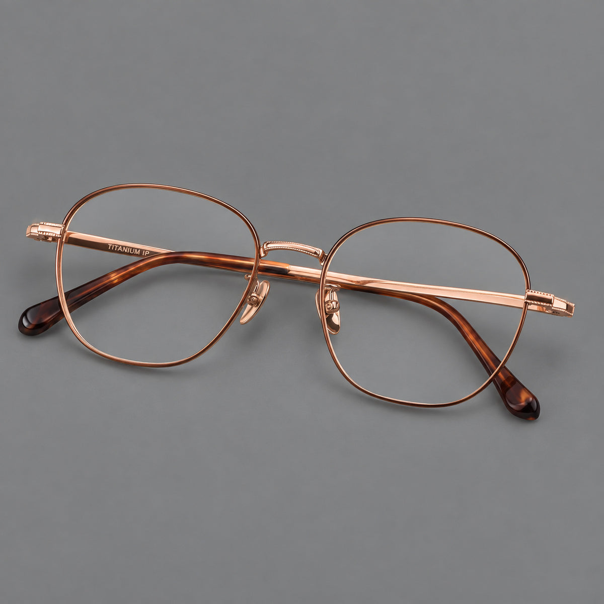 Retro panto titanium glasses with stepped corners and finely engraved temples — Brown and Rose Gold — Main view [CINILY-JD2026-88045-C2]