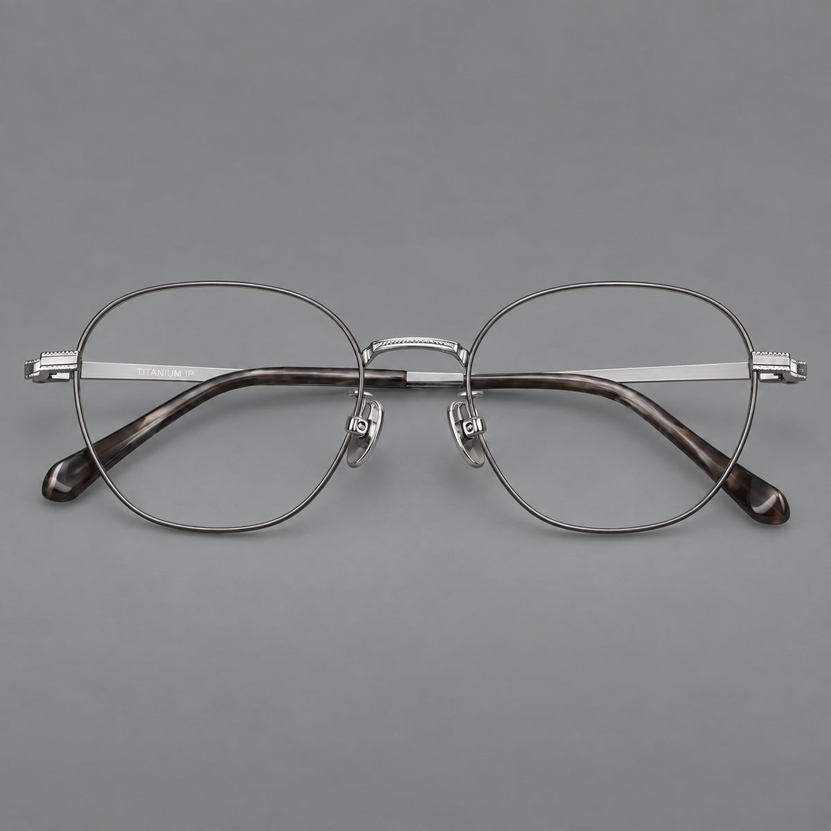 Retro panto titanium glasses with stepped corners and finely engraved temples — Grey and Silver — Front view [CINILY-JD2026-88045-C3]