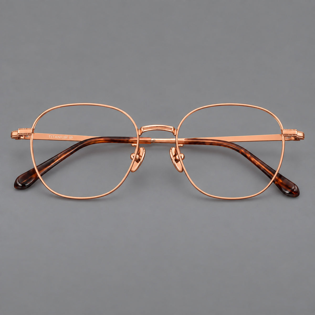 Retro panto titanium glasses with stepped corners and finely engraved temples — Rose Gold — Front view [CINILY-JD2026-88045-C5]