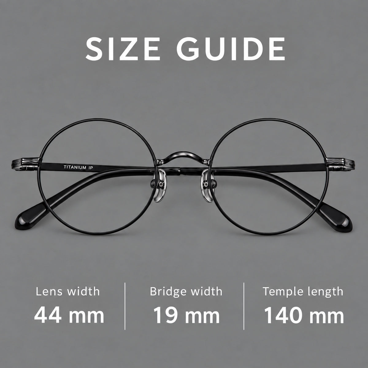 Compact circular titanium glasses with a curved bridge and wavy engraved temples — 88047 — Size guide [JD2026-88047]