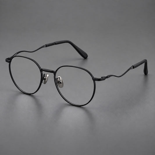 Rounded titanium glasses with a short bridge and distinctive wavy metal temples — Matte Black — Main view [CINILY-JD2026-88050-C1]
