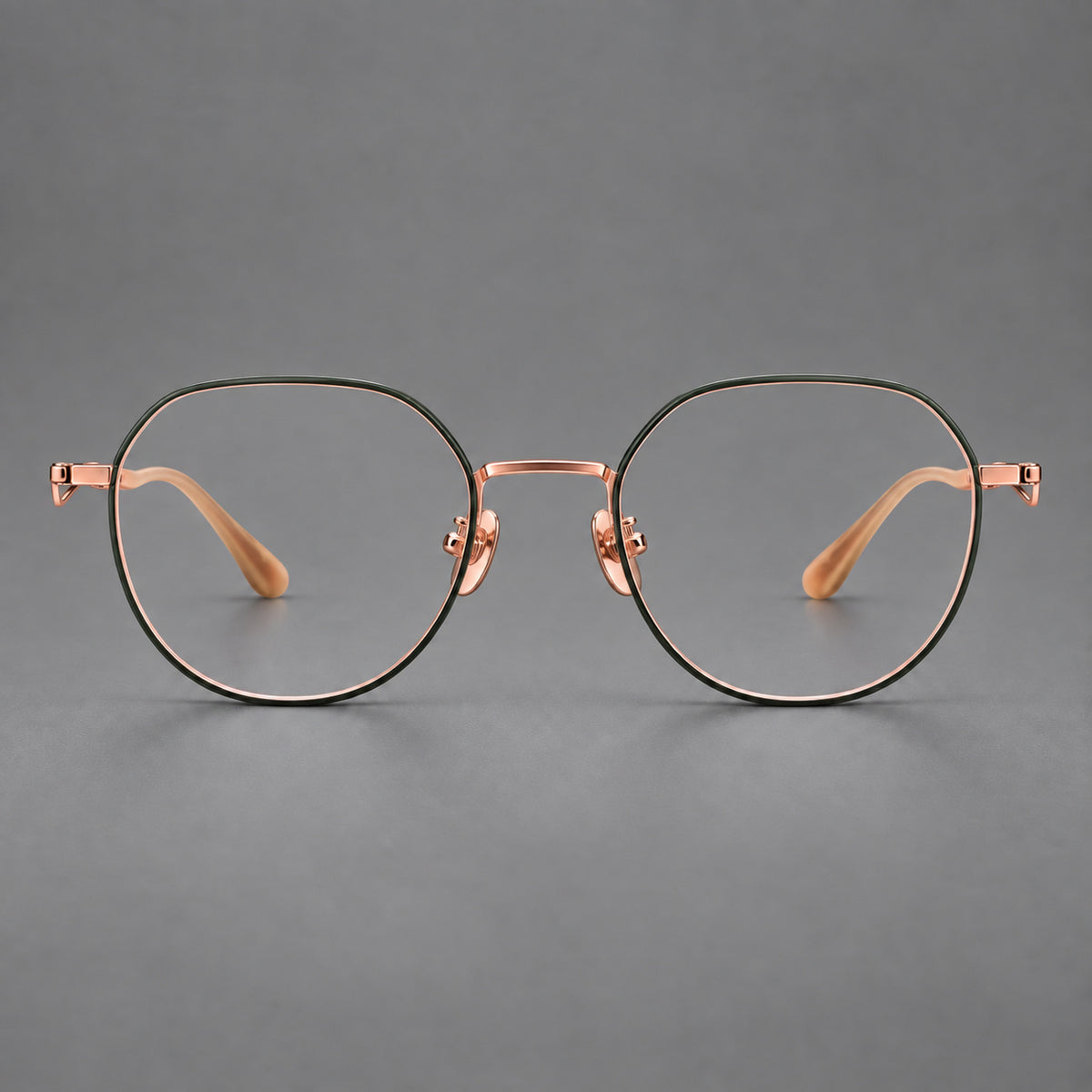 Rounded titanium glasses with a short bridge and distinctive wavy metal temples — Dark Green and Rose Gold — Front view [CINILY-JD2026-88050-C3]