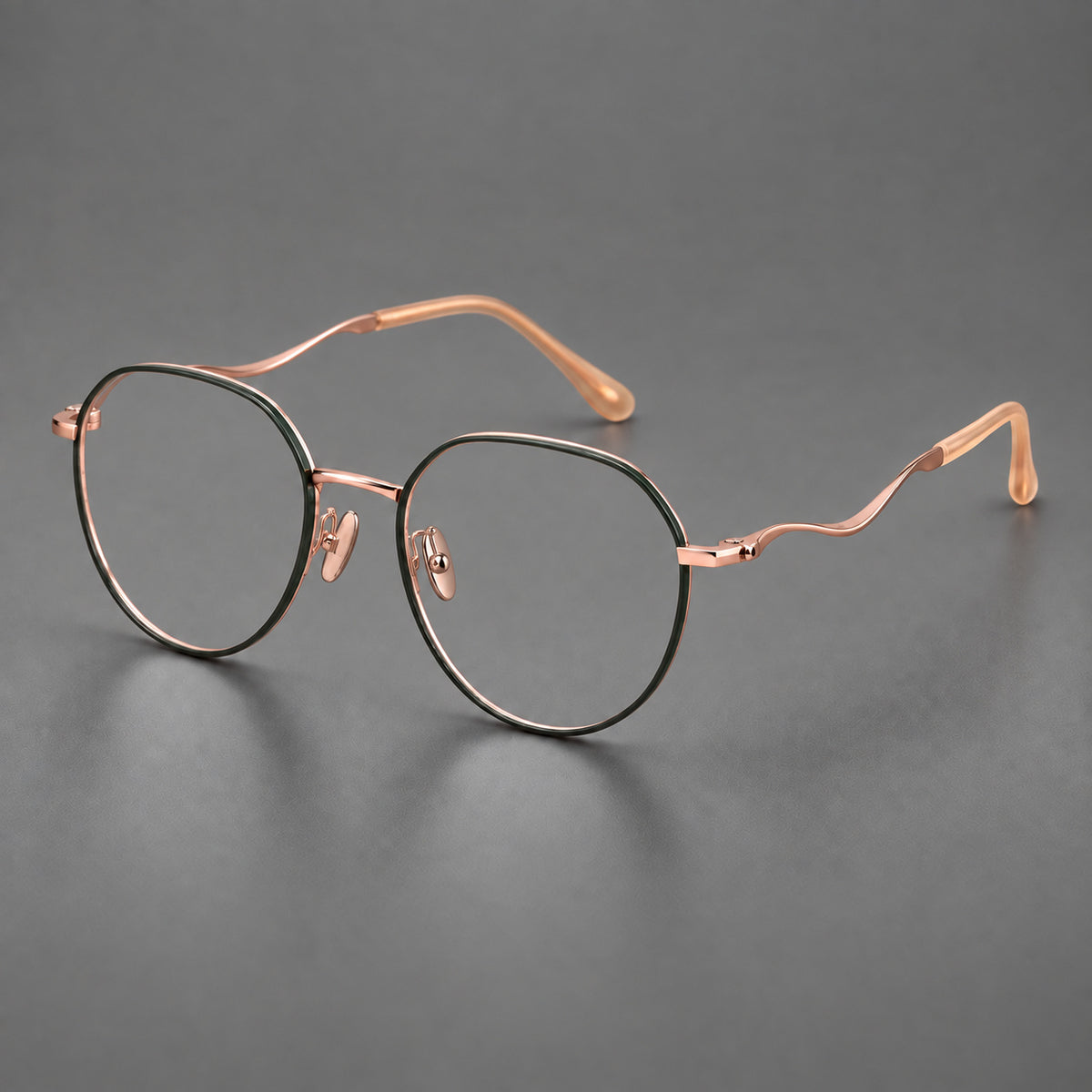 Rounded titanium glasses with a short bridge and distinctive wavy metal temples — Dark Green and Rose Gold — Main view [CINILY-JD2026-88050-C3]