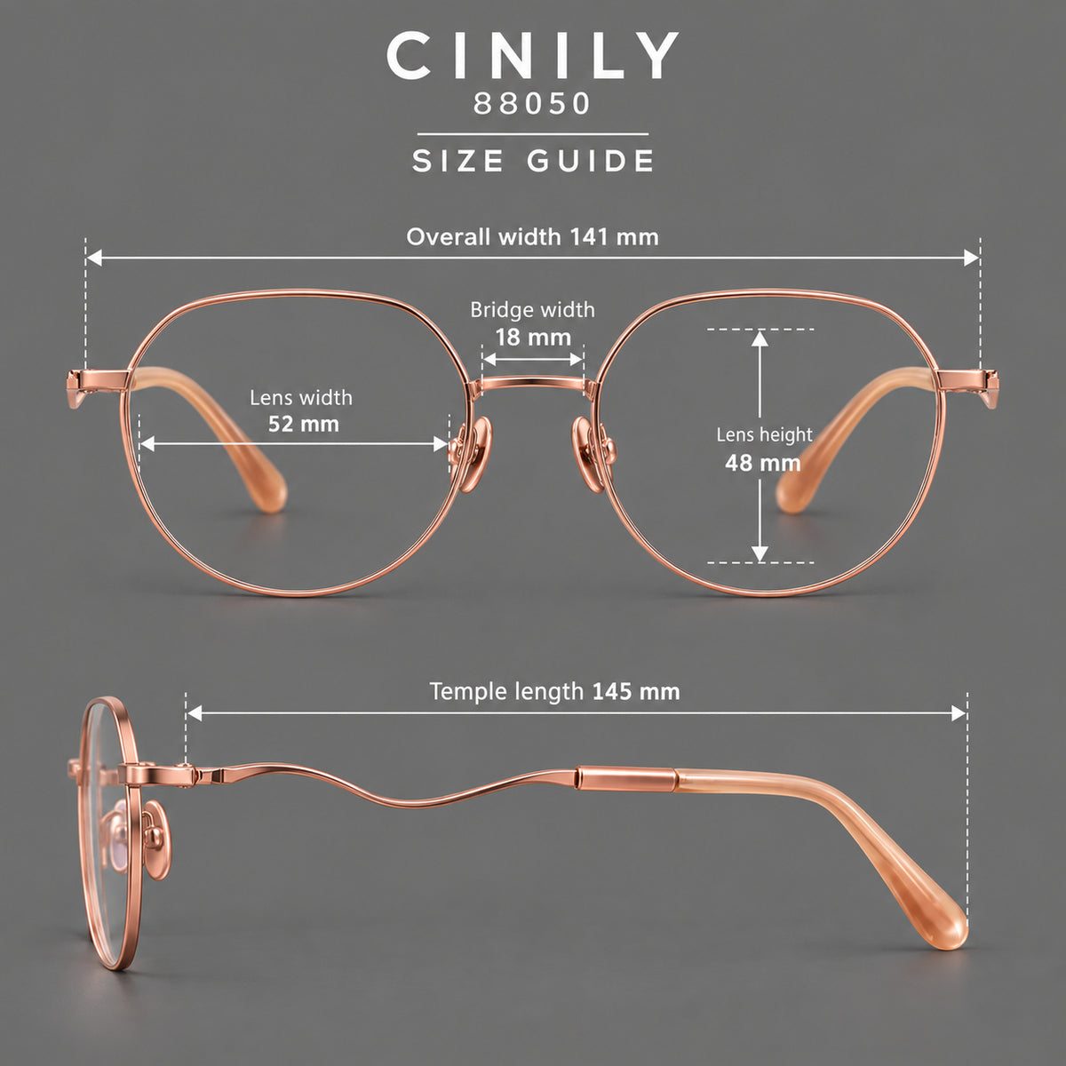 Rounded titanium glasses with a short bridge and distinctive wavy metal temples — 88050 — Size guide [JD2026-88050]