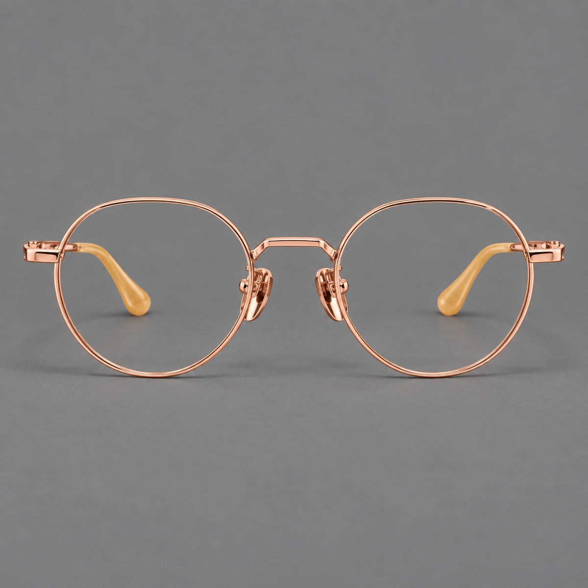 Small panto titanium glasses with an angular bridge and recessed temple details — Rose Gold — Front view [CINILY-JD2026-88058-C5]