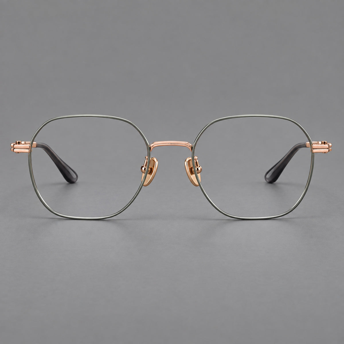 Soft square titanium glasses with an angular bridge and layered corner details — Green and Rose Gold — Front view [CINILY-JD2026-88059-C2]