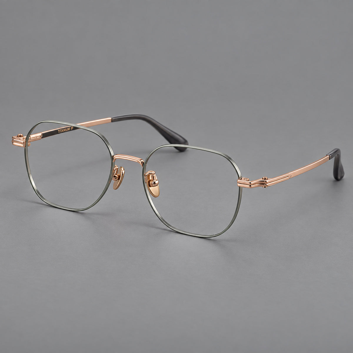 Soft square titanium glasses with an angular bridge and layered corner details — Green and Rose Gold — Main view [CINILY-JD2026-88059-C2]
