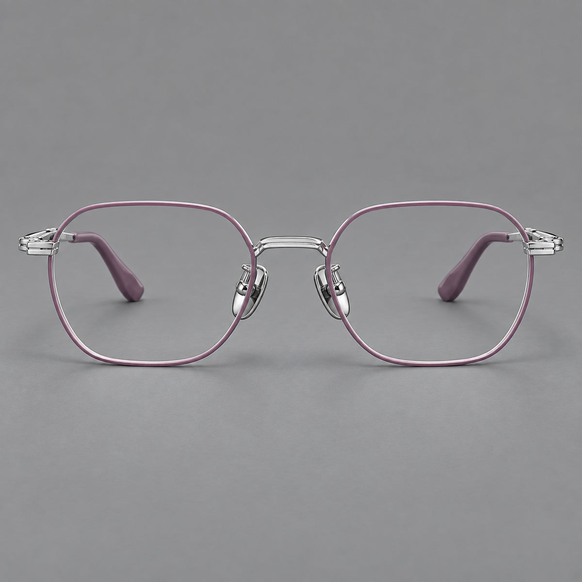 Soft square titanium glasses with an angular bridge and layered corner details — Purple and Silver — Front view [CINILY-JD2026-88059-C3]
