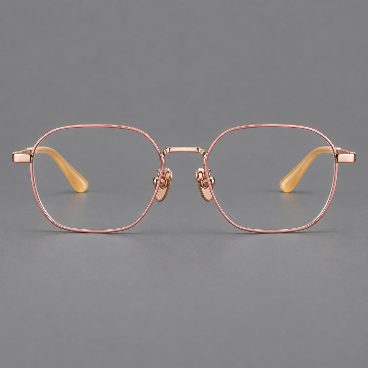 Rounded panto titanium glasses with an angular bridge and broad flat temples — Pink and Rose Gold — Front view [CINILY-JD2026-88060-C2]