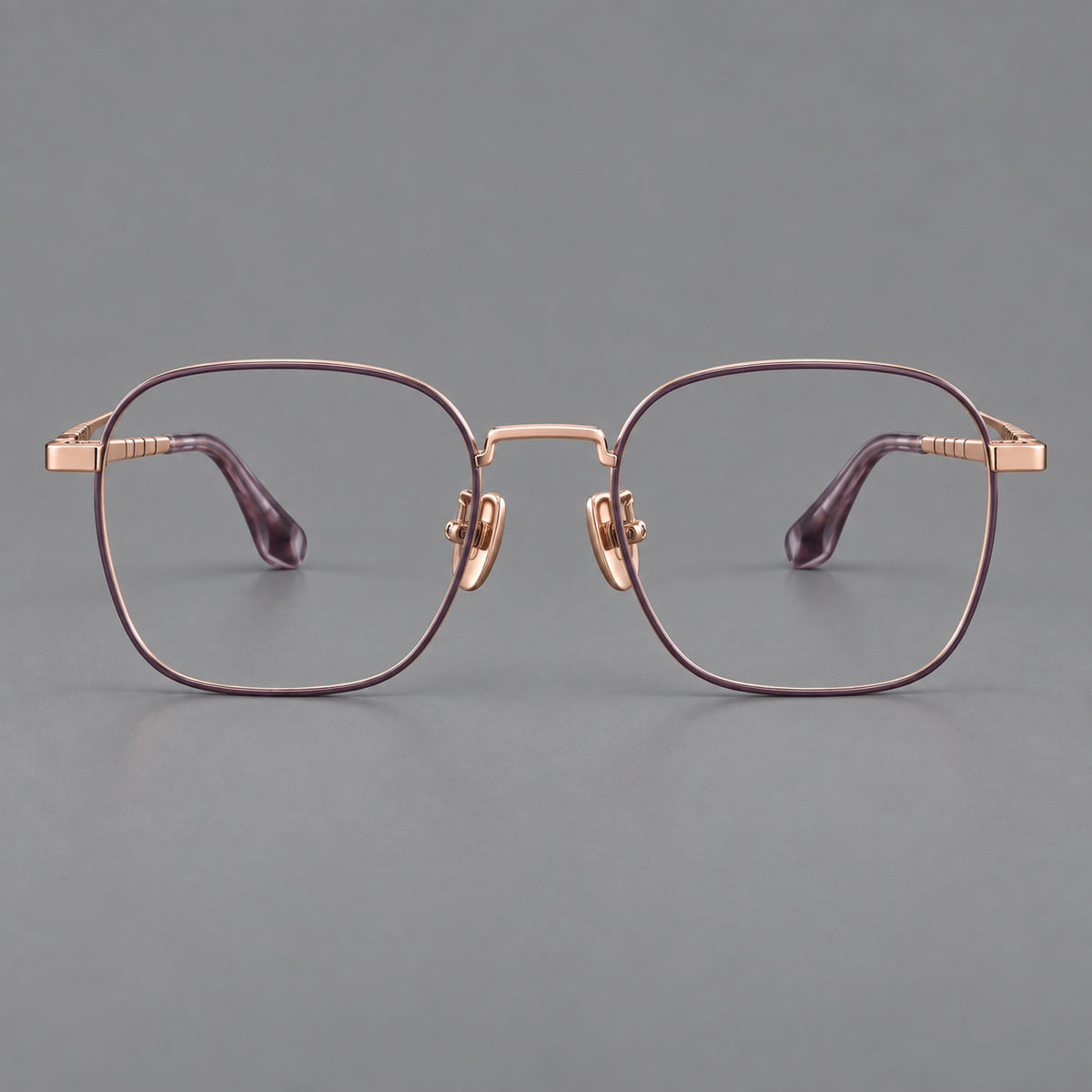 Soft square titanium glasses with a raised bridge and engraved temple bands — Purple and Rose Gold — Front view [CINILY-JD2026-88061-C2]