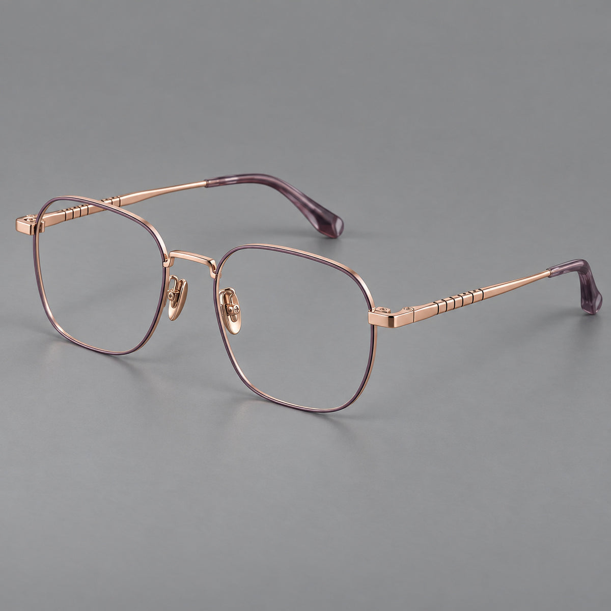 Soft square titanium glasses with a raised bridge and engraved temple bands — Purple and Rose Gold — Main view [CINILY-JD2026-88061-C2]
