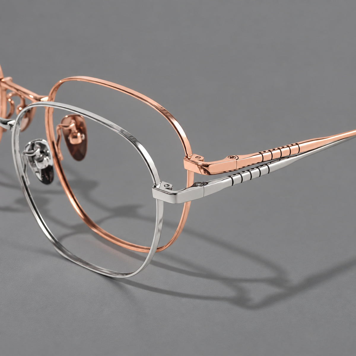 Soft square titanium glasses with a raised bridge and engraved temple bands — 88061 — Frame details [JD2026-88061]