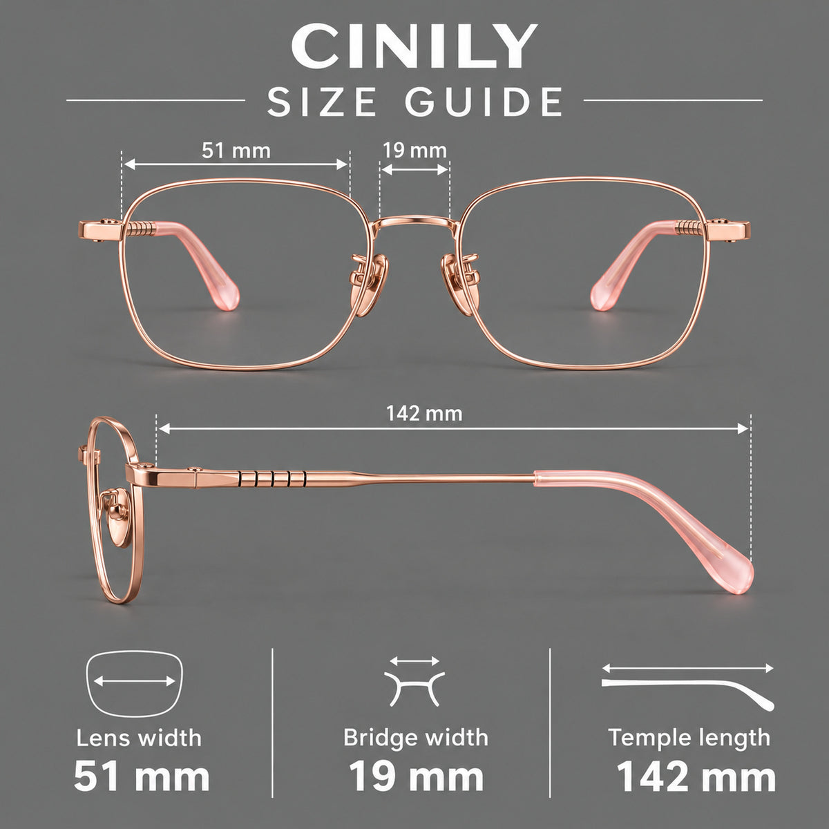 Soft square titanium glasses with a raised bridge and engraved temple bands — 88061 — Size guide [JD2026-88061]