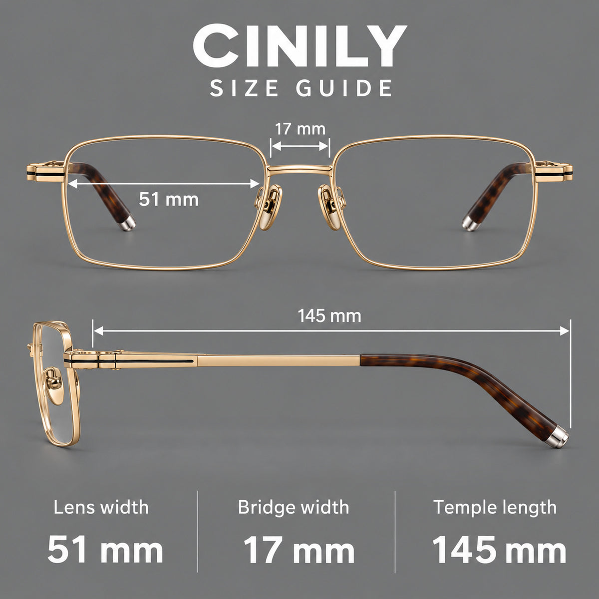 Rectangular titanium glasses with inset corner lines and metal capped temple tips — 88065 — Size guide [JD2026-88065]