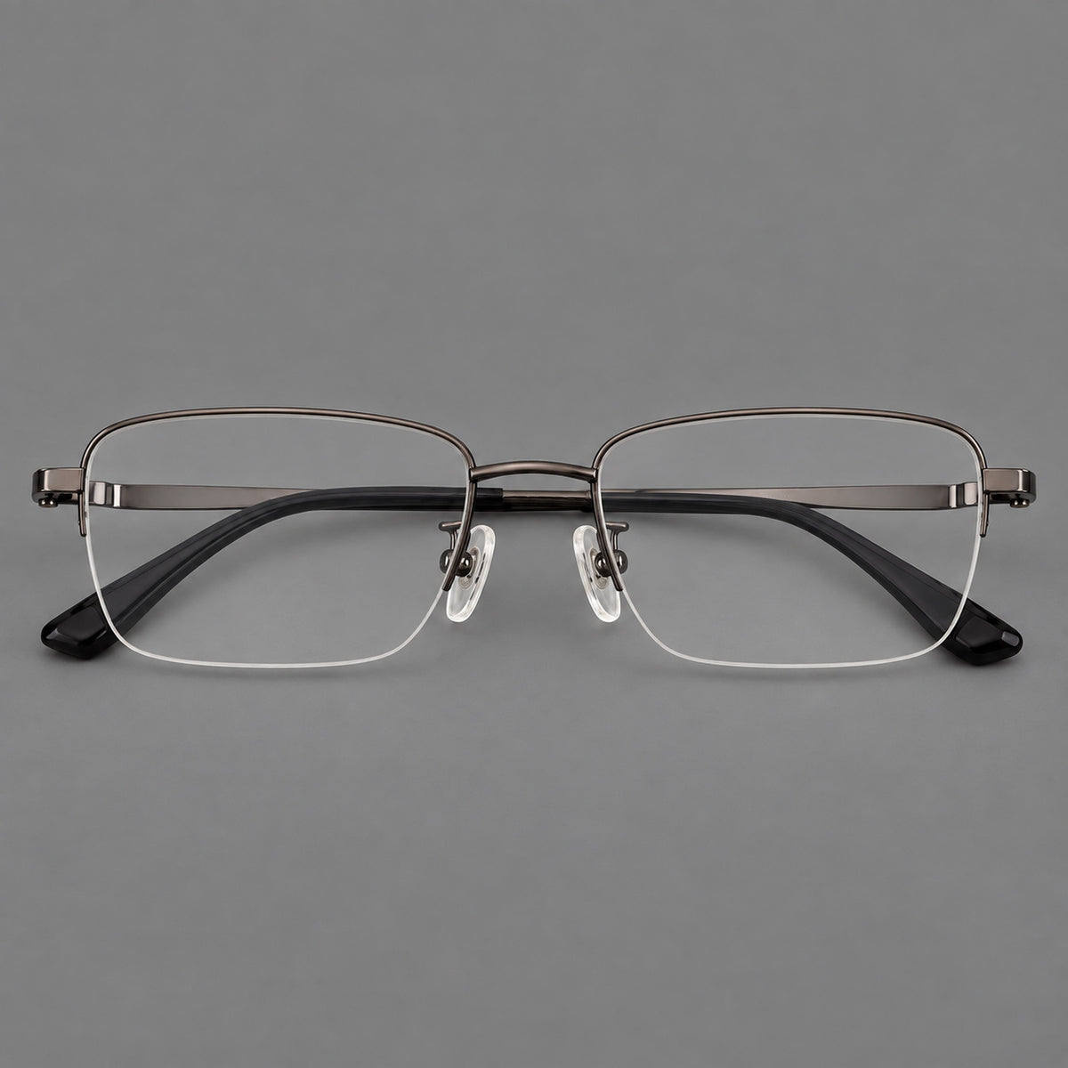 Half frame titanium glasses with rectangular lenses and rounded hinge details — Gunmetal — Front view [CINILY-JD2026-88066-C2]