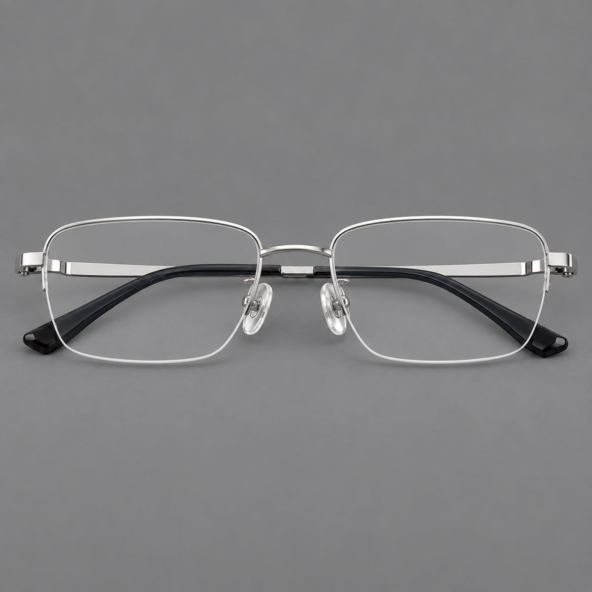 Half frame titanium glasses with rectangular lenses and rounded hinge details — Silver — Front view [CINILY-JD2026-88066-C4]