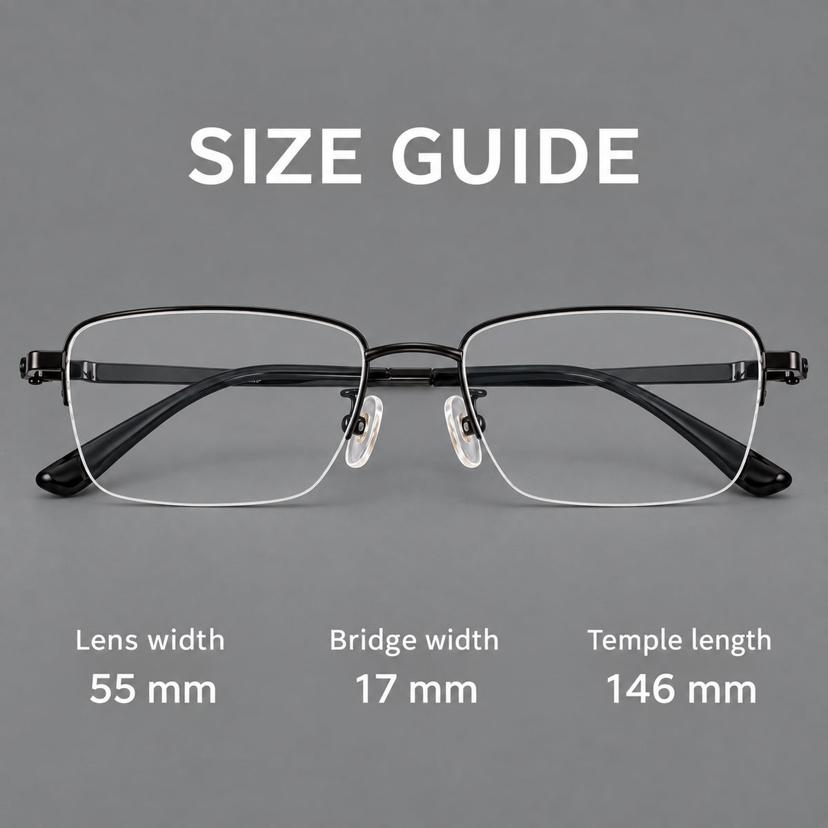 Half frame titanium glasses with rectangular lenses and rounded hinge details — 88066 — Size guide [JD2026-88066]