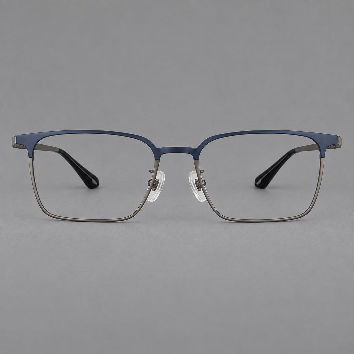 Bold rectangular titanium glasses with strong upper corners and flat metal temples — Blue and Gunmetal — Front view [CINILY-JD2026-88067-C2]