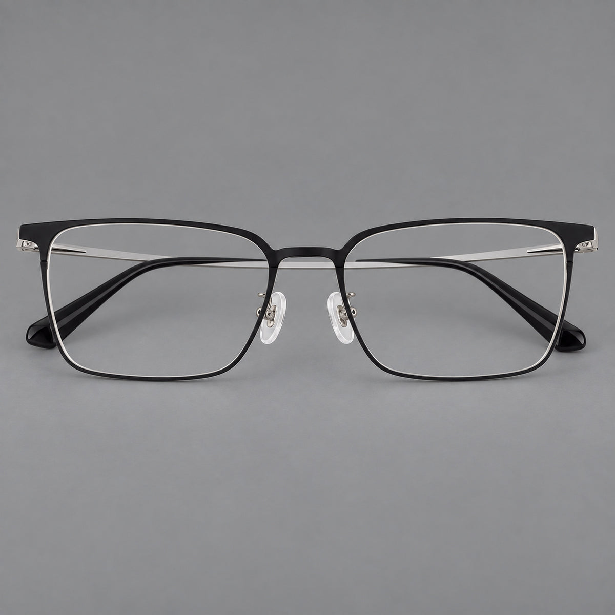 Bold rectangular titanium glasses with strong upper corners and flat metal temples — Black and Silver — Front view [CINILY-JD2026-88067-C4]