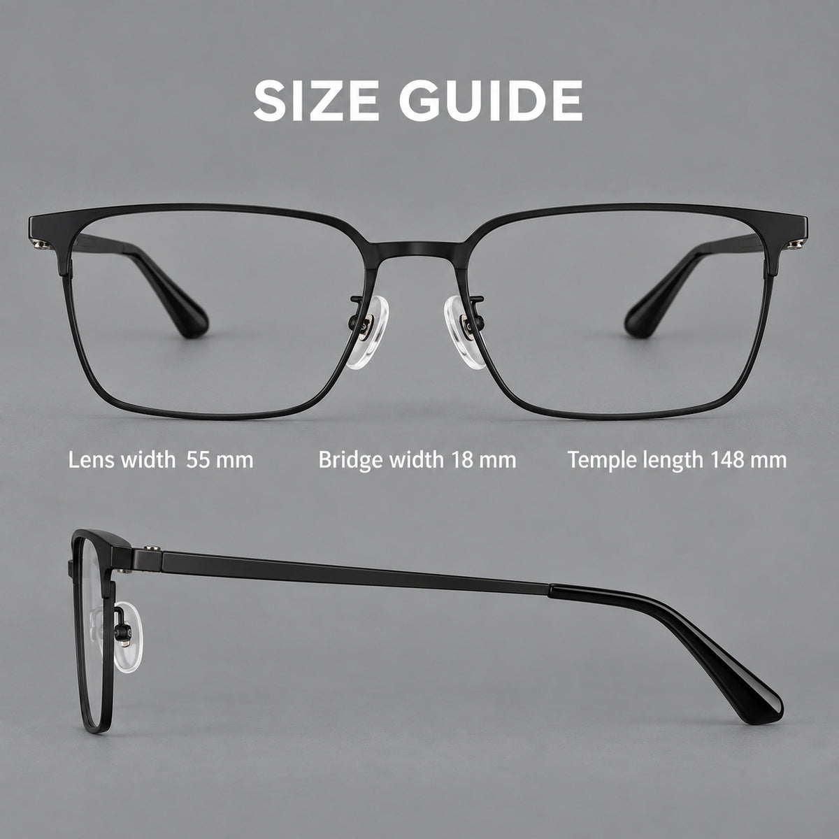 Bold rectangular titanium glasses with strong upper corners and flat metal temples — 88067 — Size guide [JD2026-88067]